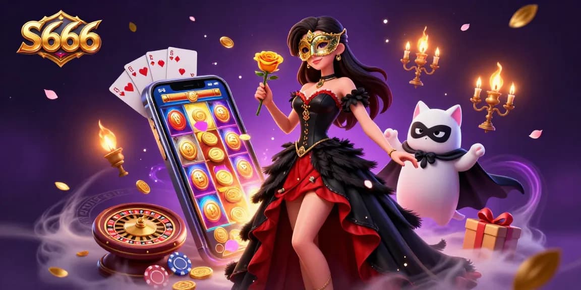 S666 captures the excitement of online gambling with vibrant characters and casino elements swirling dynamically in 3D illustration.