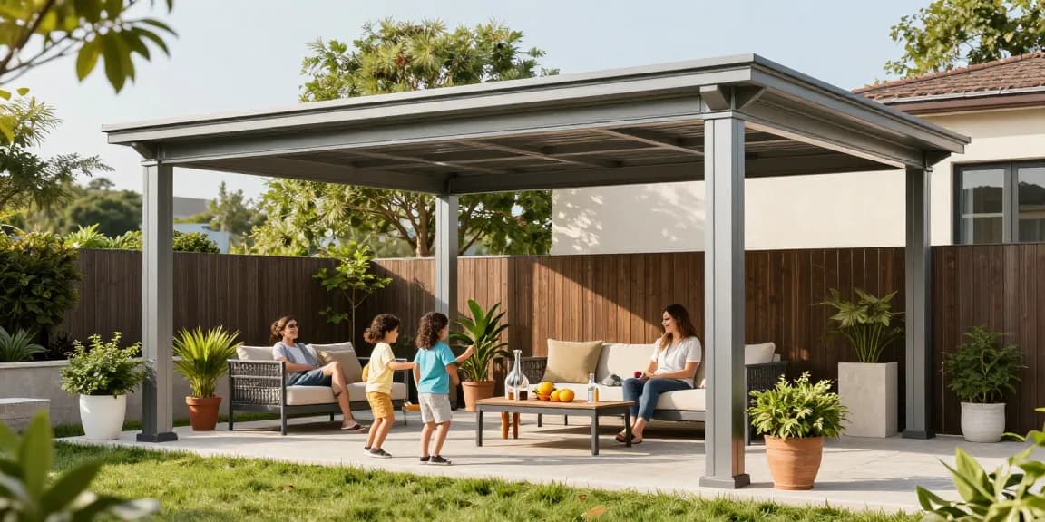 Terrassenüberdachung freistehend, modernes Design mit gemütlicher Sitzecke und Familie im Garten.