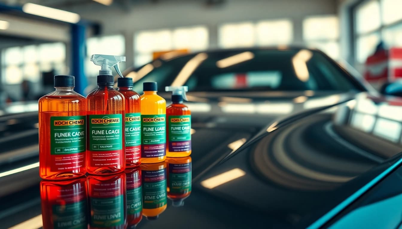 Koch Chemie Produkte auf einer glänzenden Fahrzeugoberfläche, professionell angeordnet.