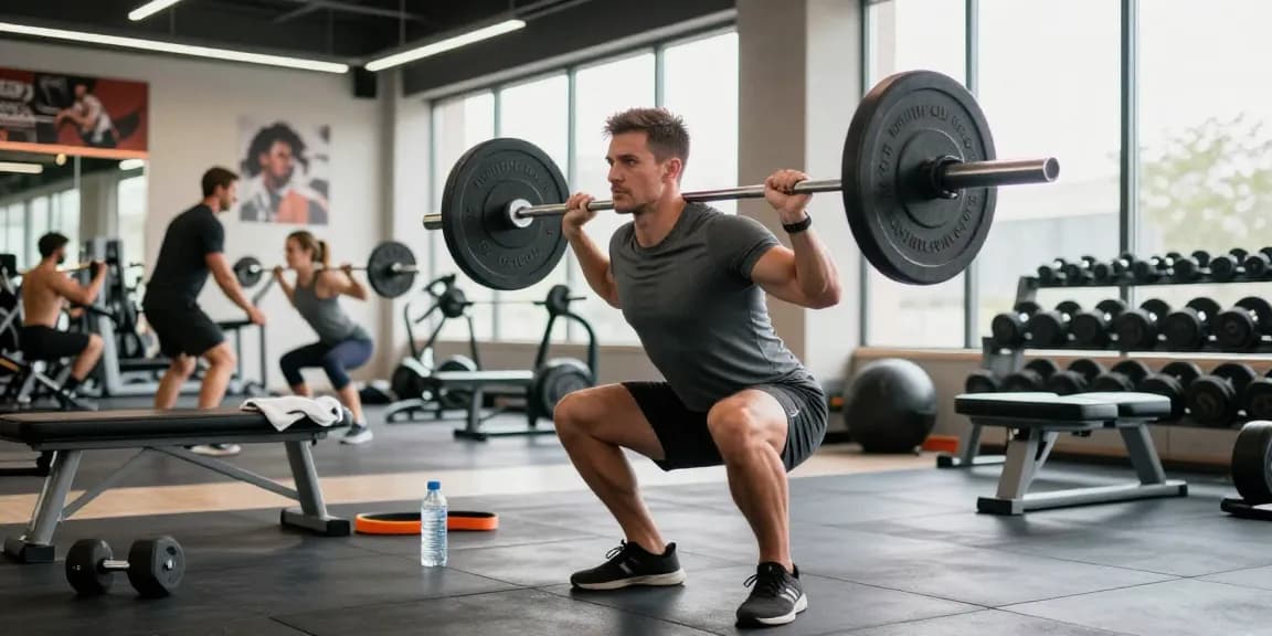 Anabolika Shop athlete performing barbell squat in a modern gym surrounded by fitness equipment, showcasing dedication and strength.