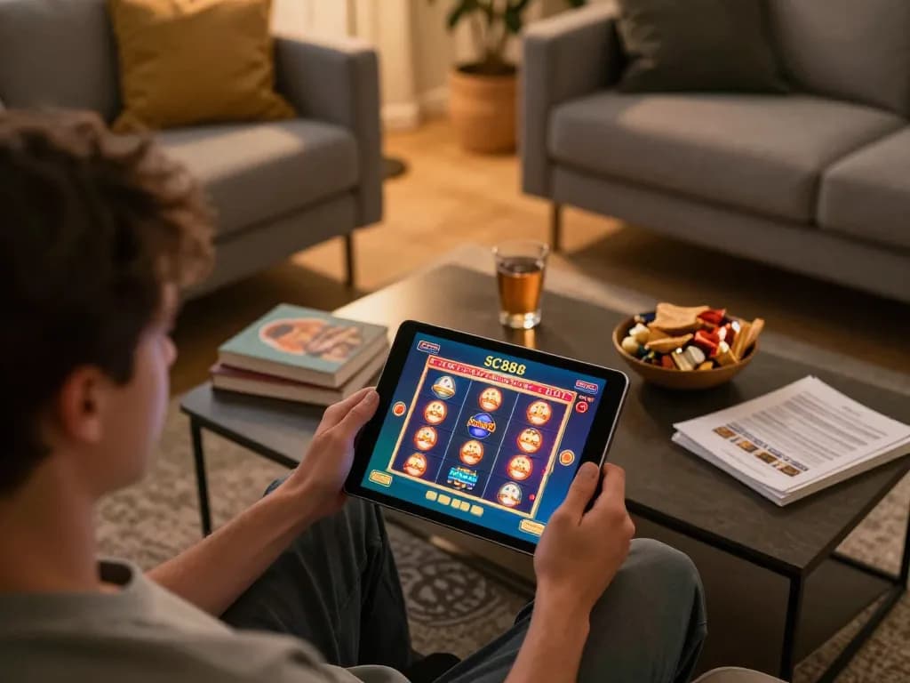 Player enjoying SC888 casino games on a tablet in a cozy home setting with gaming strategies nearby