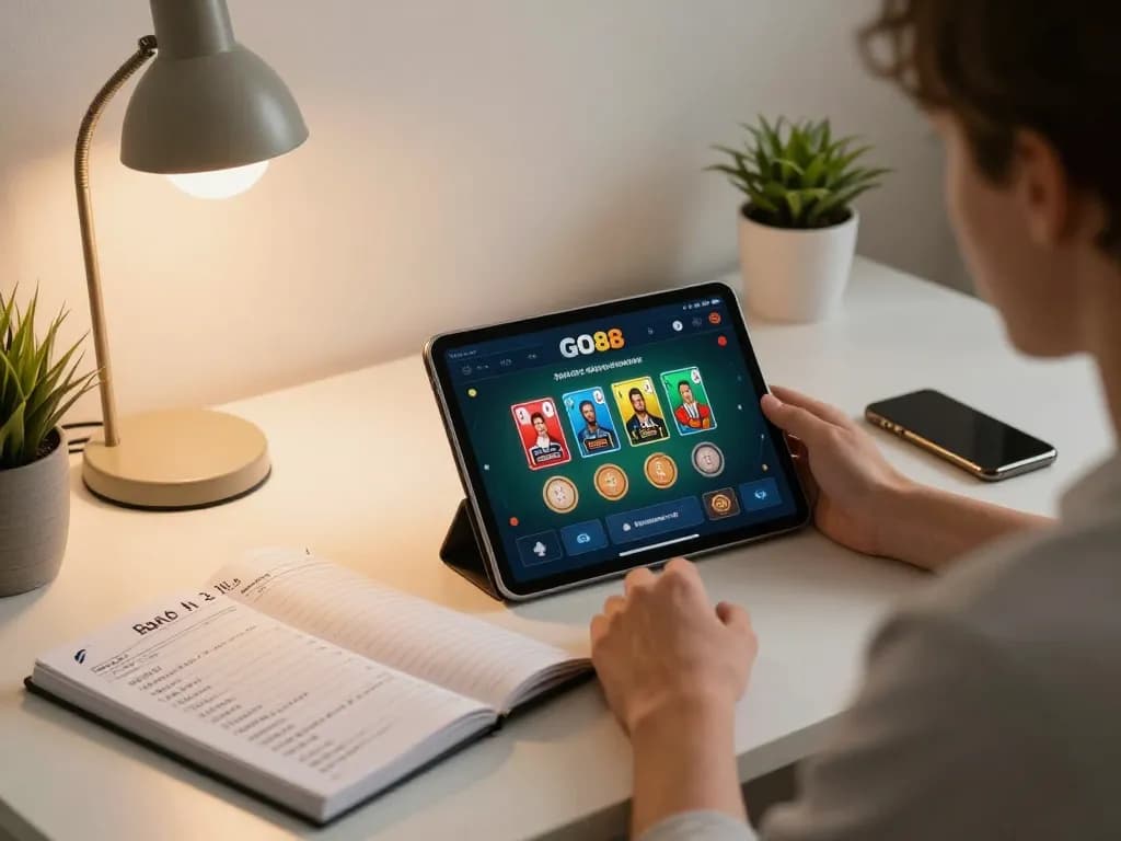 Engaging with the GO88 online gaming platform on a tablet in a cozy home setting.