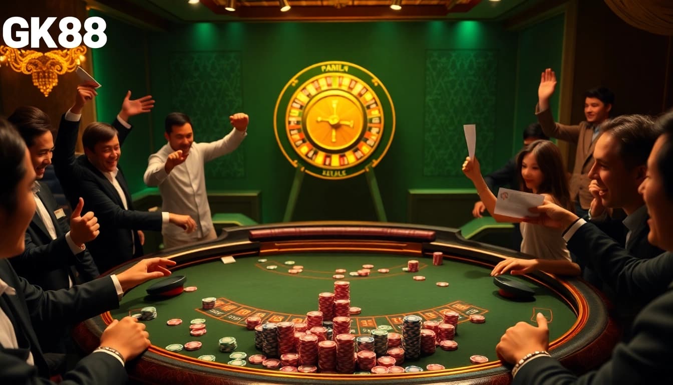 GK88 players enjoying an exciting blackjack game at a vibrant online casino.