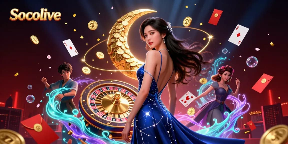 Socolive showcases a captivating scene of an elegant Asian woman in a blue gown surrounded by vibrant casino elements for an engaging gaming experience.