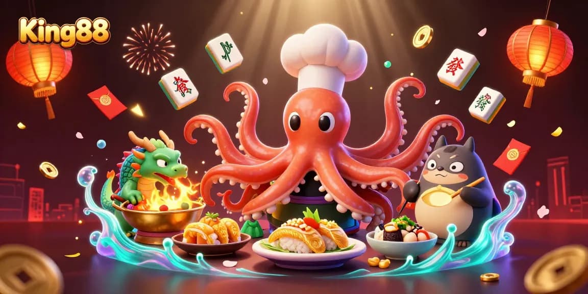 Experience the excitement of King88 with a vibrant scene capturing a sushi chef octopus, dragon, and tanuki amidst casino games.