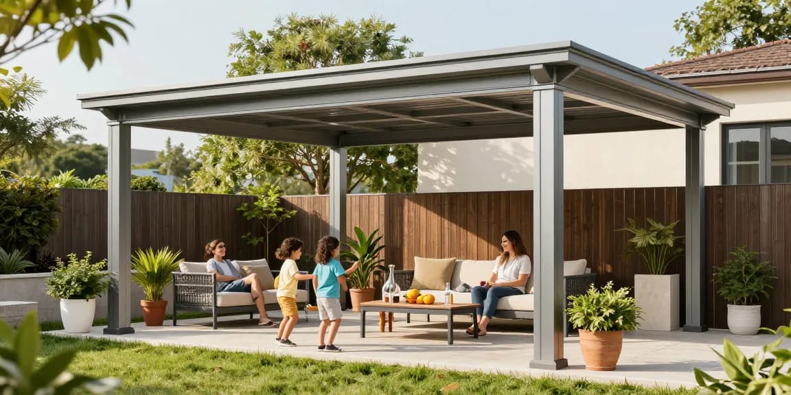 Terrassenüberdachung freistehend, modernes Design mit gemütlicher Sitzecke und Familie im Garten.