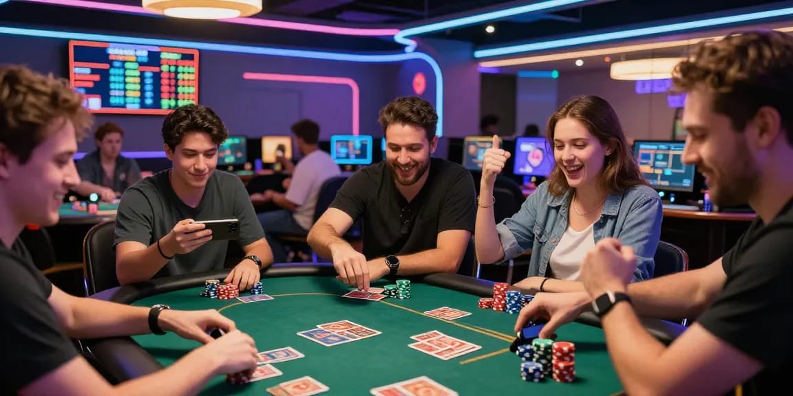 Engaging online gaming atmosphere at https://b52club.radio.fm/ with players enjoying card games and vibrant LED lights.