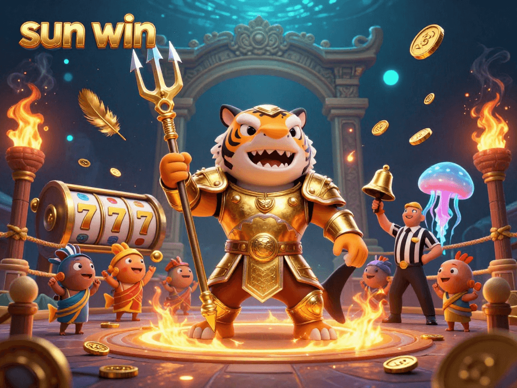 Engage in thrilling gameplay with sun win at a vibrant underwater casino featuring a gladiator shark.