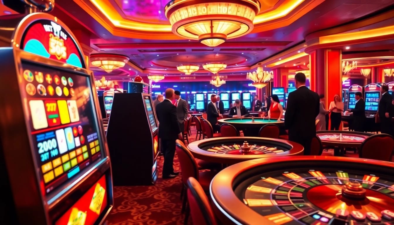 Spielen Sie spannenden Casinospiele in einer lebendigen Casino-Atmosphäre mit bunten Spielautomaten.