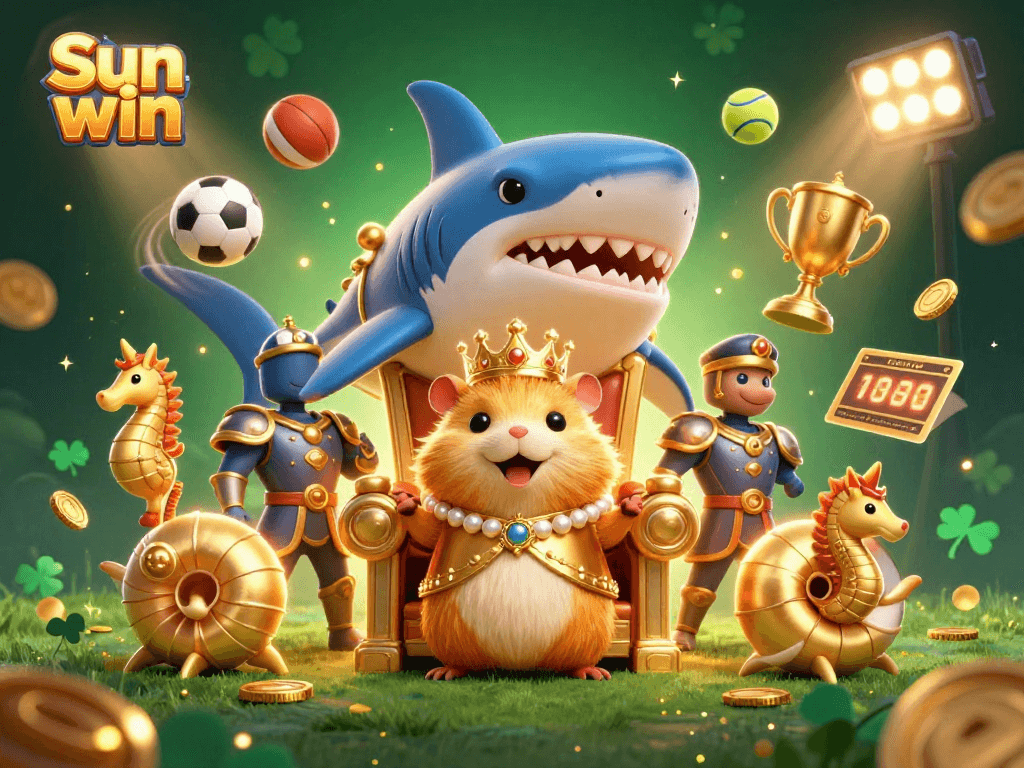 Experience the thrill of Sun win with a golden hamster king and sports-themed gambling action.
