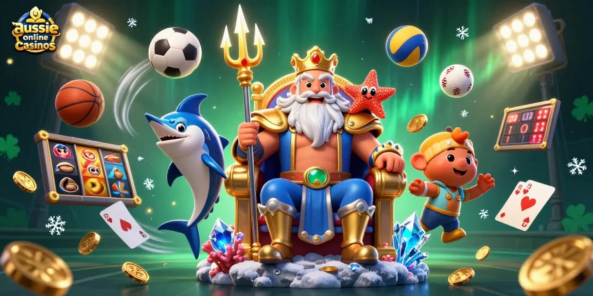 Aussie online casinos bring excitement with vibrant 3D illustration of Neptune and dynamic gaming elements.