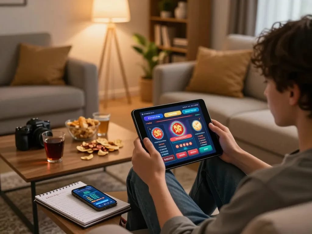 Engaged player exploring cm88 gaming on tablet, surrounded by snacks and strategy notes.