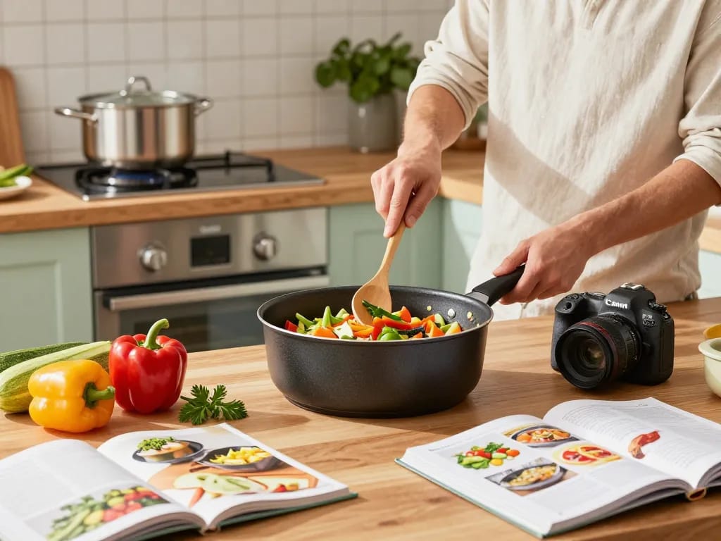 Fröhliche Hausköchin, die mit GreenKitchen Töpfen gesunde Mahlzeiten zubereitet und den besten Induktionstopf für moderne Küchen präsentiert.