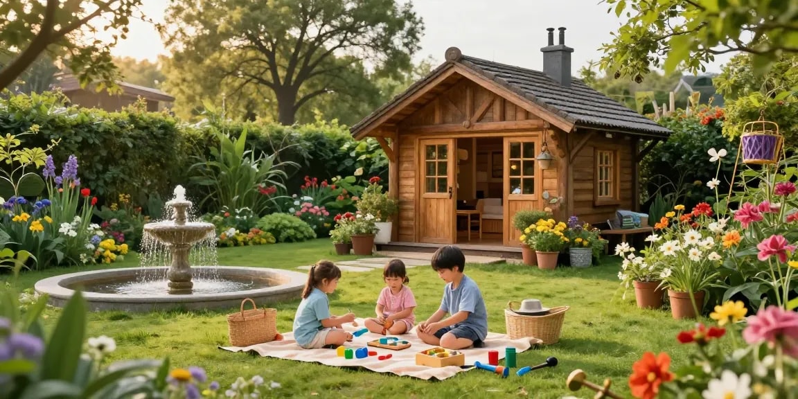 Ein wunderschönes Garten Haus umgeben von grünen Pflanzen und bunten Blumen, ideal für entspannte Familienaktivitäten.