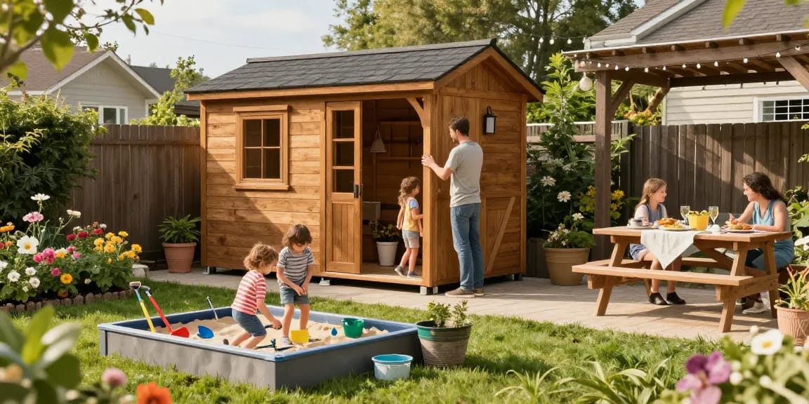 Gartenhaus kaufen: Hochwertiges Holz-Gartenhaus im idyllischen Garten mit Familie beim Spielen und Arbeiten im Freien.