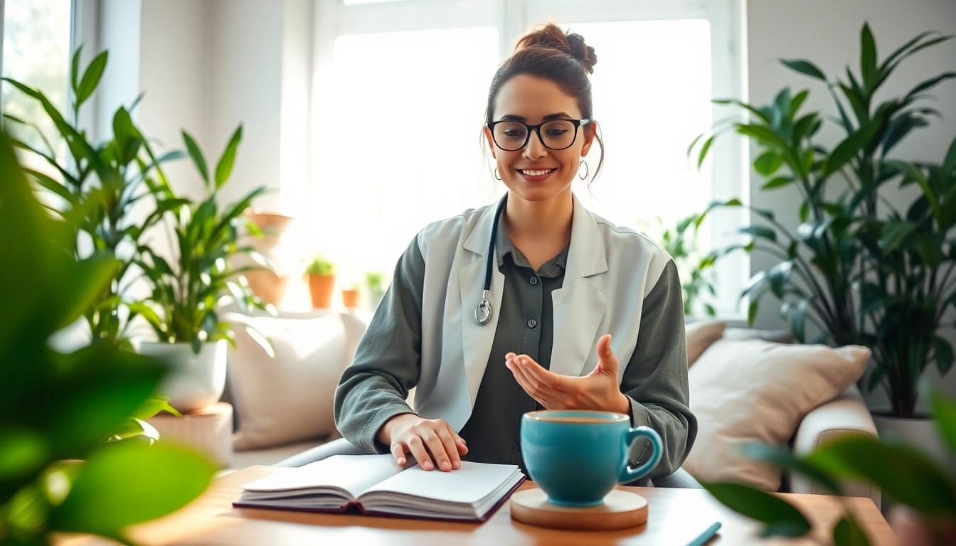 Promote mental health awareness with a peaceful therapist's office filled with calming elements.
