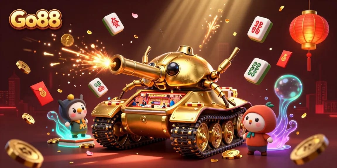 Experience the excitement of Go88 with a dynamic casino scene featuring a golden beetle tank.