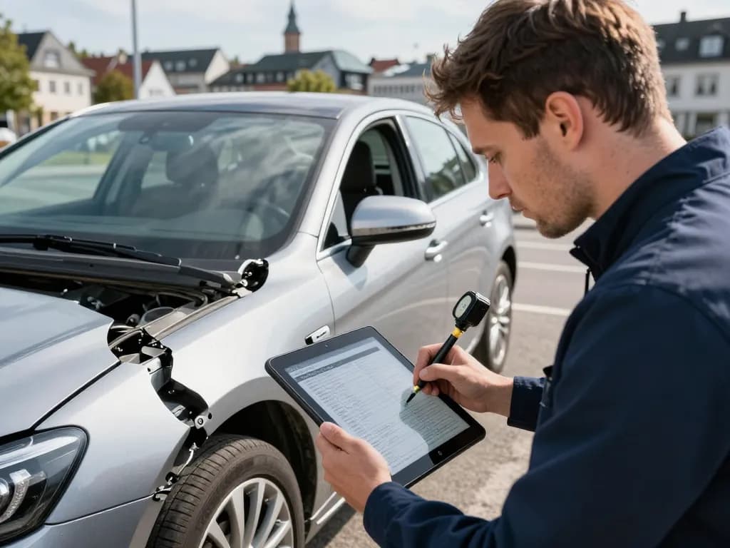 KFZ Gutachter Bonn führt eine gründliche Fahrzeuginspektion an einem Unfallort durch und nutzt digitale Werkzeuge zur Dokumentation der Ergebnisse.