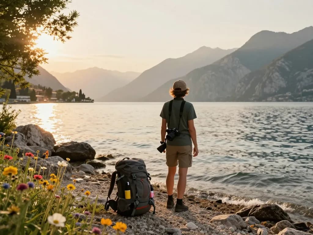 Gardasee Reisetipps in Aktion, während ein Reisender die malerische Schönheit des Gardasees bei Sonnenuntergang genießt.