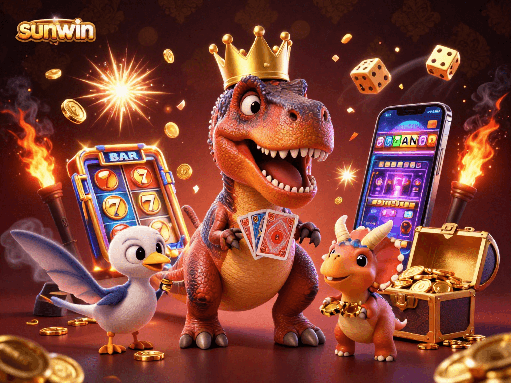 Play at sunwin with engaging characters in action surrounded by vibrant casino elements.