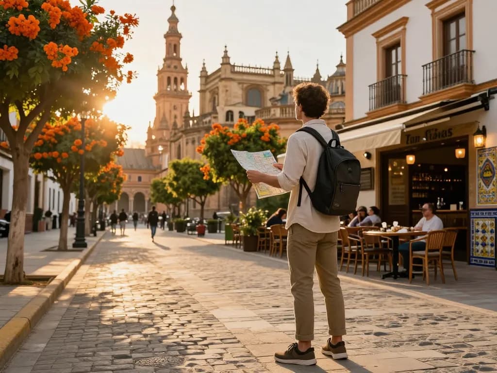 Reisetipps Sevilla: Reisender genießt die lebhaften Straßen und die Architektur von Sevilla im warmen Abendlicht.
