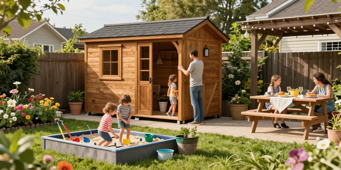 Gartenhaus kaufen: Hochwertiges Holz-Gartenhaus im idyllischen Garten mit Familie beim Spielen und Arbeiten im Freien.