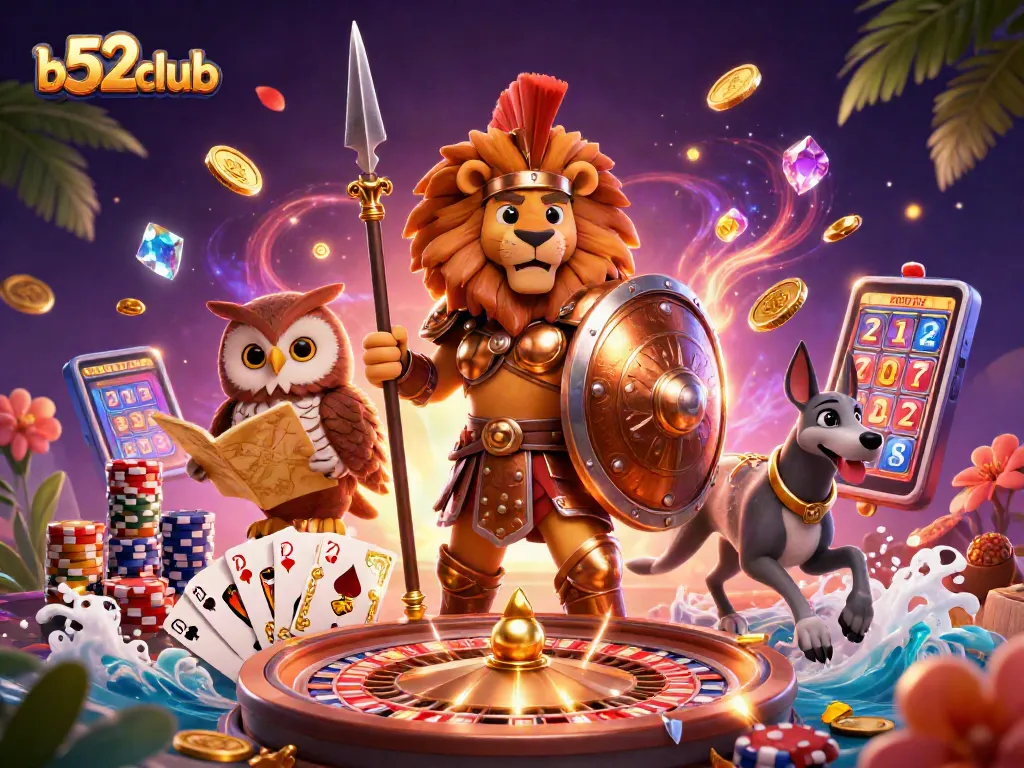 Engage in the ultimate gameplay with b52club's vibrant 3D casino scene filled with dynamic characters and sparkling elements.