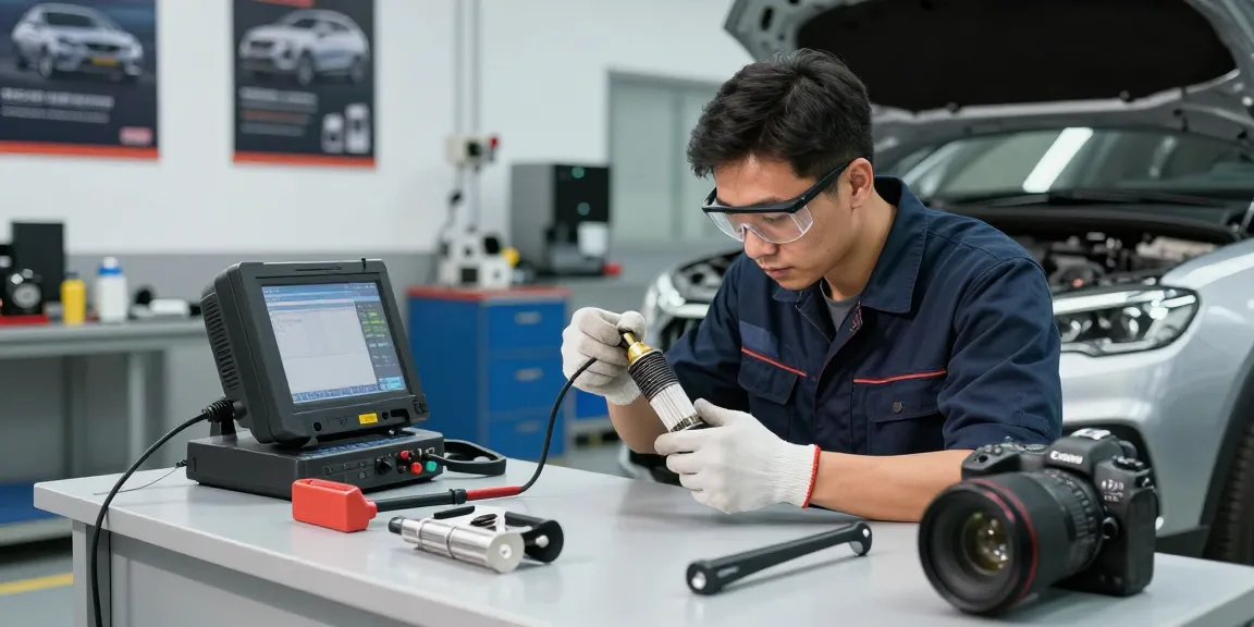 Techniker beim DPF-Reinigen in moderner Werkstatt mit Werkzeugen und Diagnosetechnik.