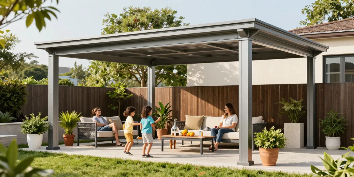 Terrassenüberdachung freistehend, modernes Design mit gemütlicher Sitzecke und Familie im Garten.