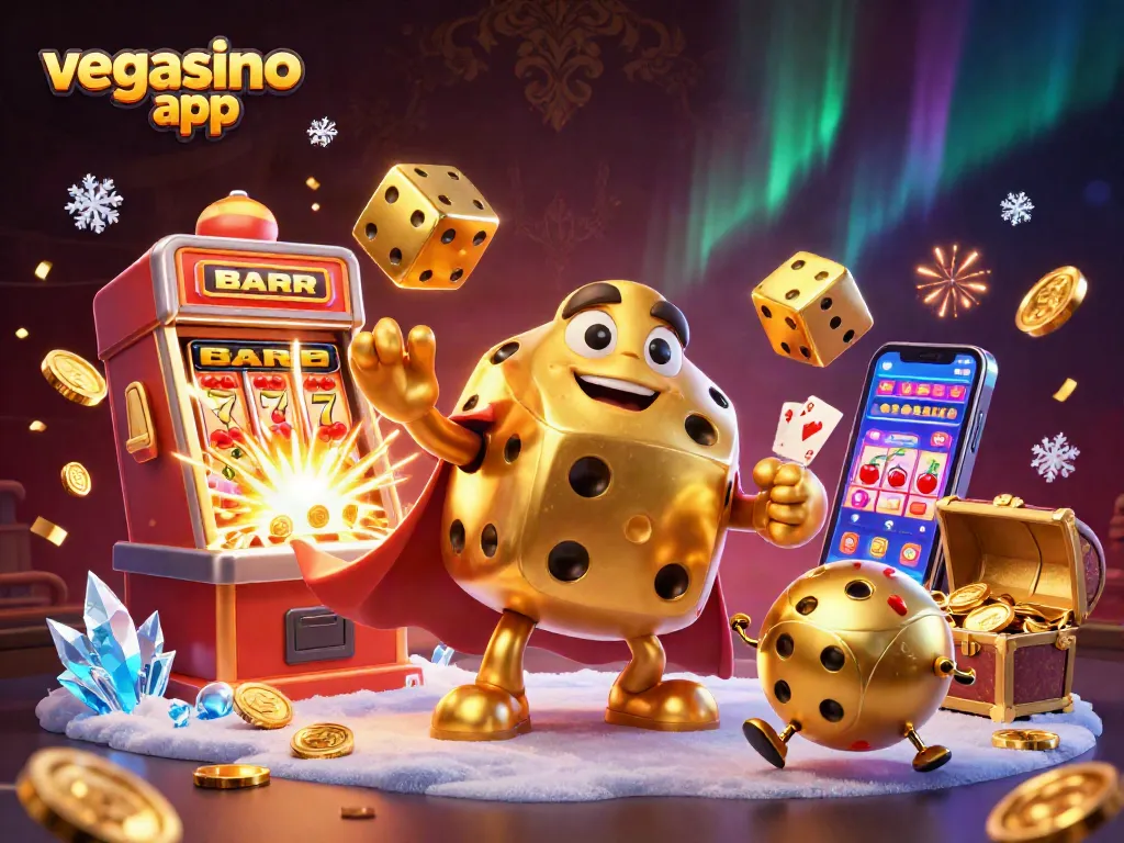 Engage with the vegasino app through an ultra-detailed 3D casino scene featuring vibrant game elements and characters.