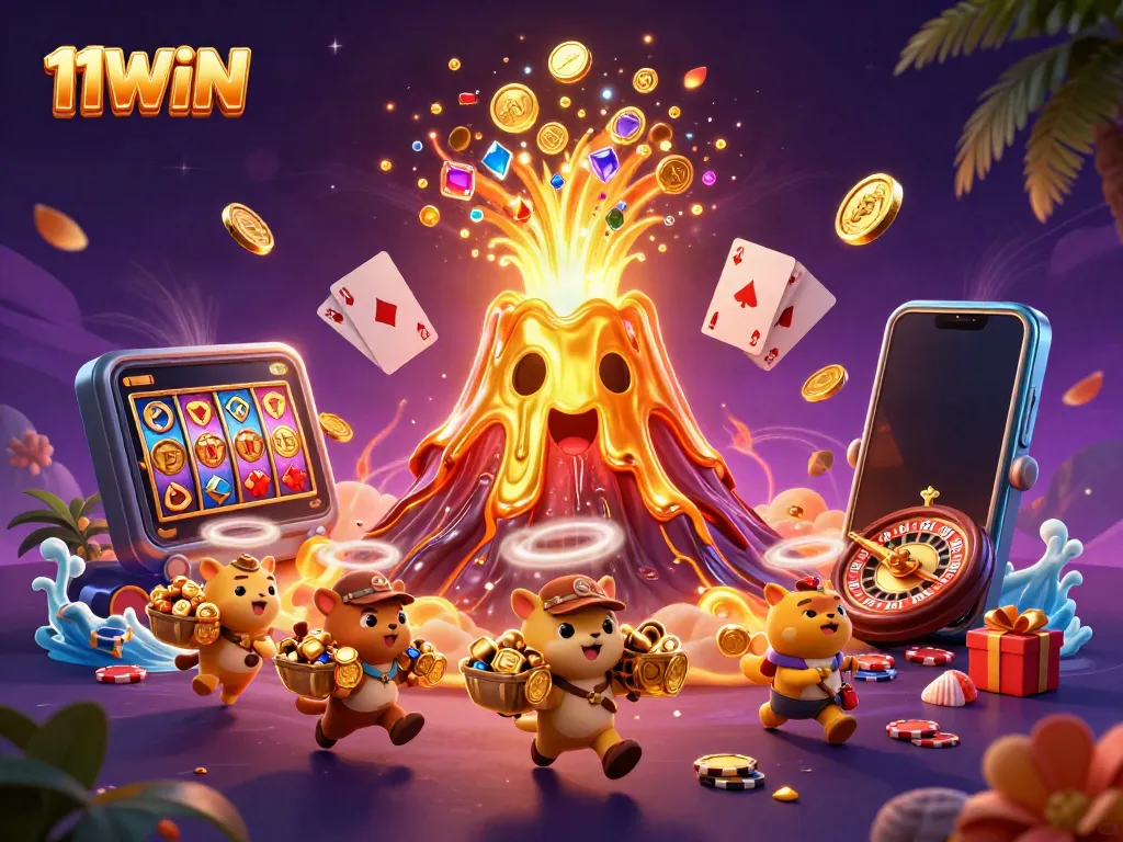 Experience the thrill of 11WIN with a golden volcano bursting coins and treasures.