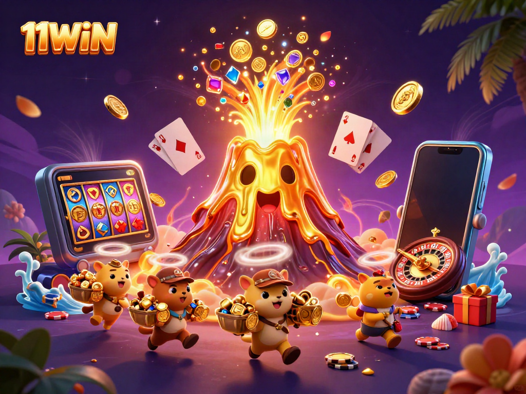 Experience the thrill of 11WIN with a golden volcano bursting coins and treasures.