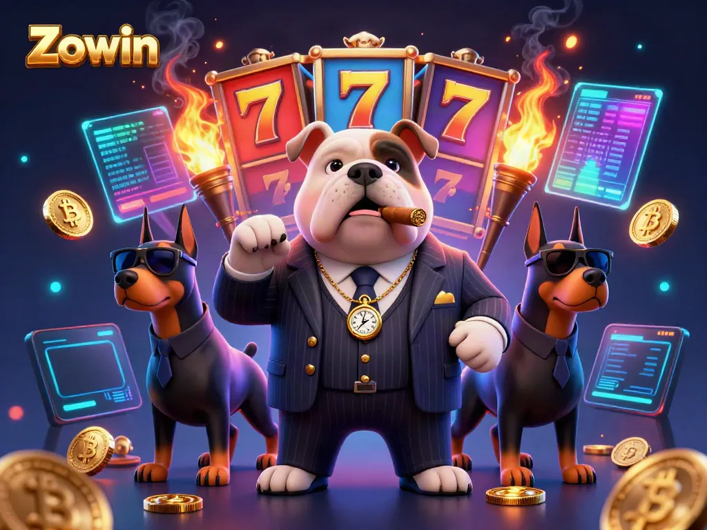 Zowin rewards players in a vibrant 3D casino, featuring a mafia bulldog and Doberman bodyguards.