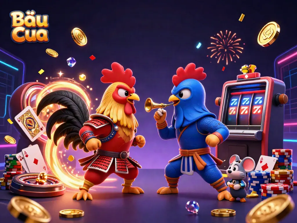 Bầu Cua roosters clash with gold coins and sparkling gems in a dynamic gaming scene.