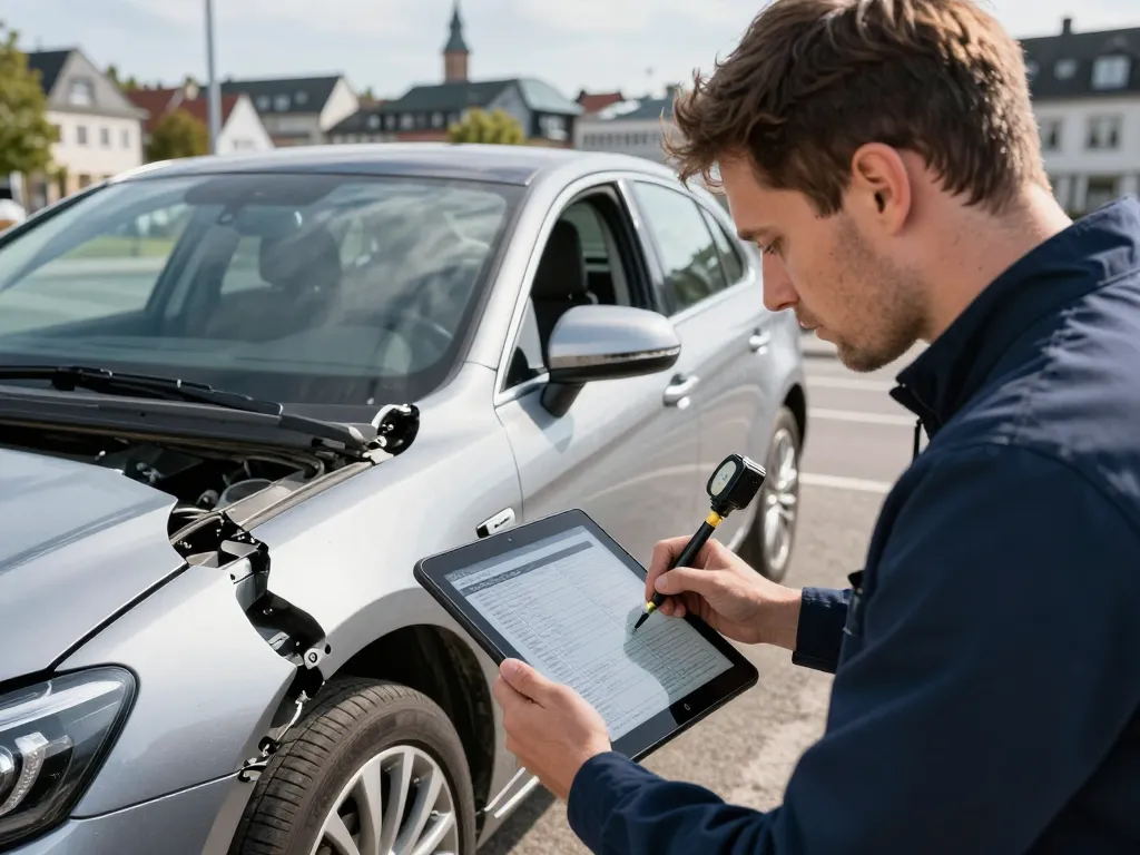 KFZ Gutachter Bonn führt eine gründliche Fahrzeuginspektion an einem Unfallort durch und nutzt digitale Werkzeuge zur Dokumentation der Ergebnisse.