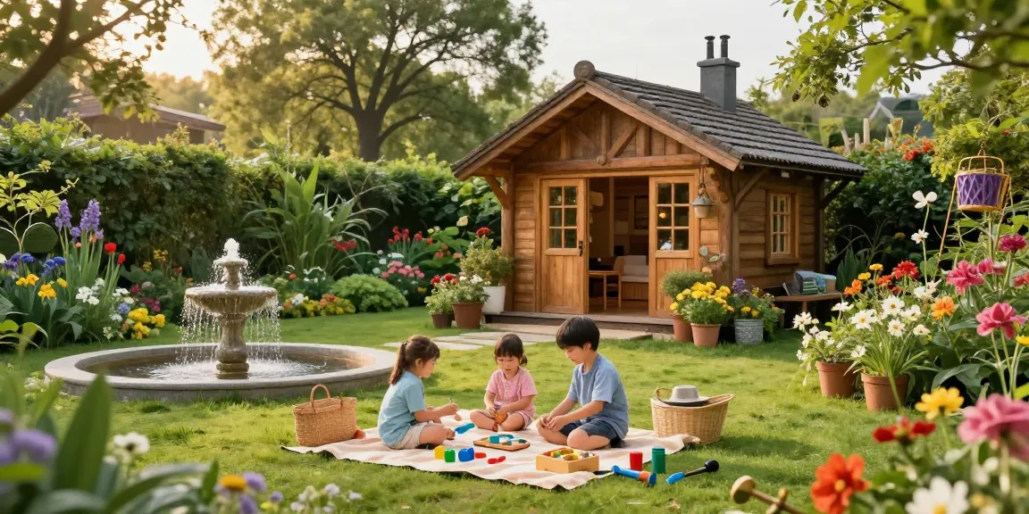 Ein wunderschönes Garten Haus umgeben von grünen Pflanzen und bunten Blumen, ideal für entspannte Familienaktivitäten.