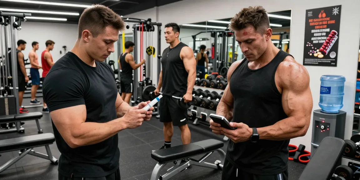 Anabolika-Shop: Bodybuilder im modernen Fitnessstudio, der sich auf Steroidinjektionen vorbereitet und gleichzeitig Gewichte hebt.