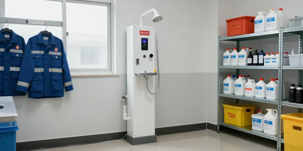 Notdusche für Gefahrstofflager featured in a safety room with emergency equipment and organized storage.