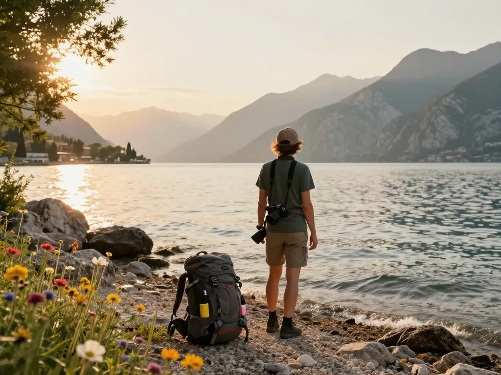 Gardasee Reisetipps in Aktion, während ein Reisender die malerische Schönheit des Gardasees bei Sonnenuntergang genießt.