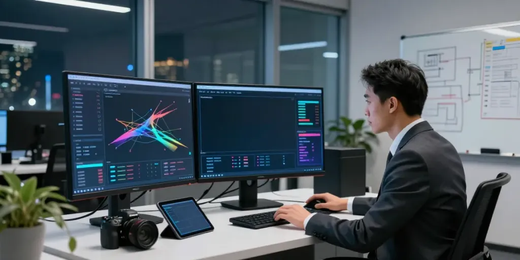 IT-Sicherheitsfirma bei der Analyse von Bedrohungen in einem modernen Sicherheitszentrum.