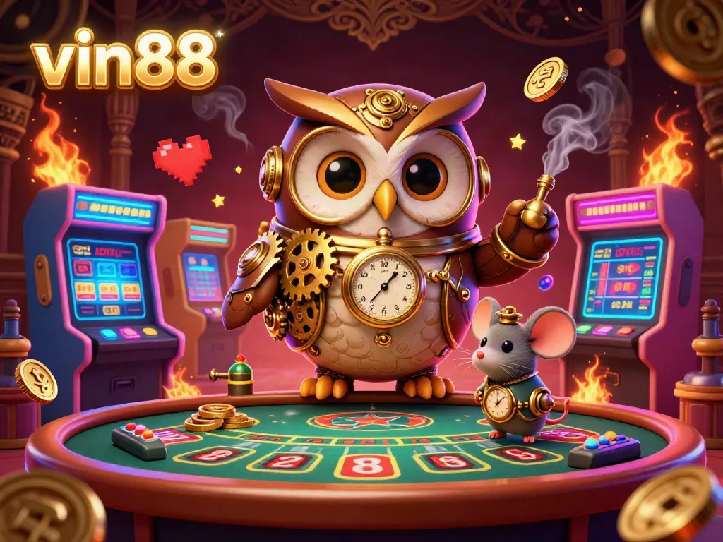 Experience the thrill of vin88 with a lively scene of a time-traveler owl and casino elements.
