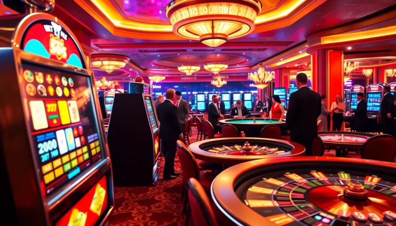 Spielen Sie spannenden Casinospiele in einer lebendigen Casino-Atmosphäre mit bunten Spielautomaten.