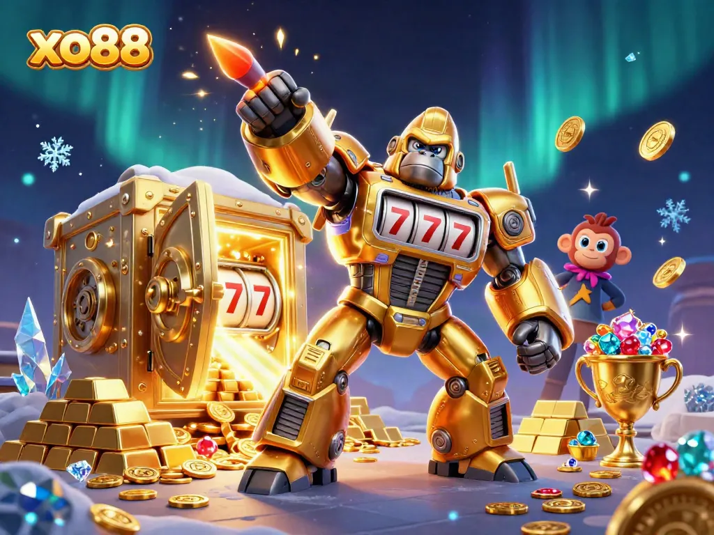 Experience the excitement of xo88 with a vibrant golden gorilla mech amidst jackpot treasures and dynamic casino action.