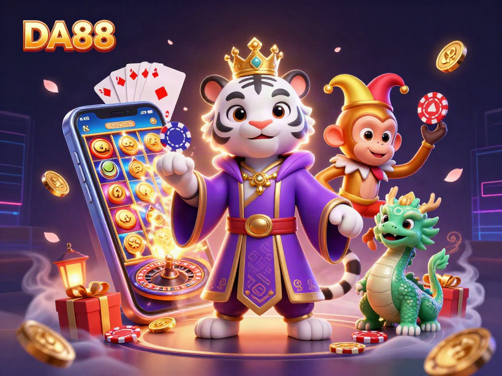 Experience DA88's vibrant gaming scene with a majestic tiger and jester monkey.