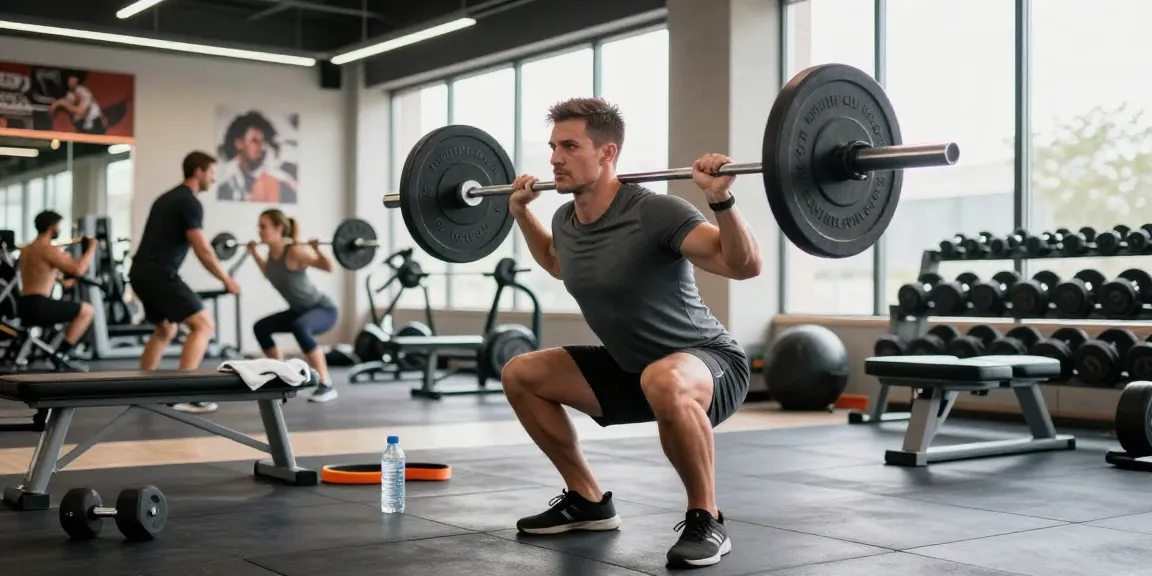 Anabolika Shop athlete performing barbell squat in a modern gym surrounded by fitness equipment, showcasing dedication and strength.