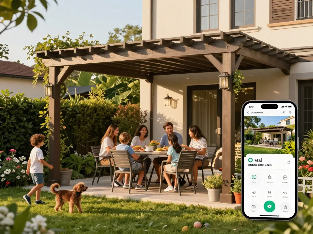 Pergola-Konfigurator, der eine Familie zeigt, die Zeit unter einer schön gestalteten Gartenpergola genießt.