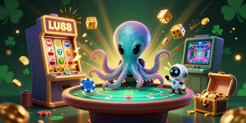 Experience thrilling gameplay with LU88 featuring a cartoon alien octopus at a holographic poker table surrounded by casino elements.