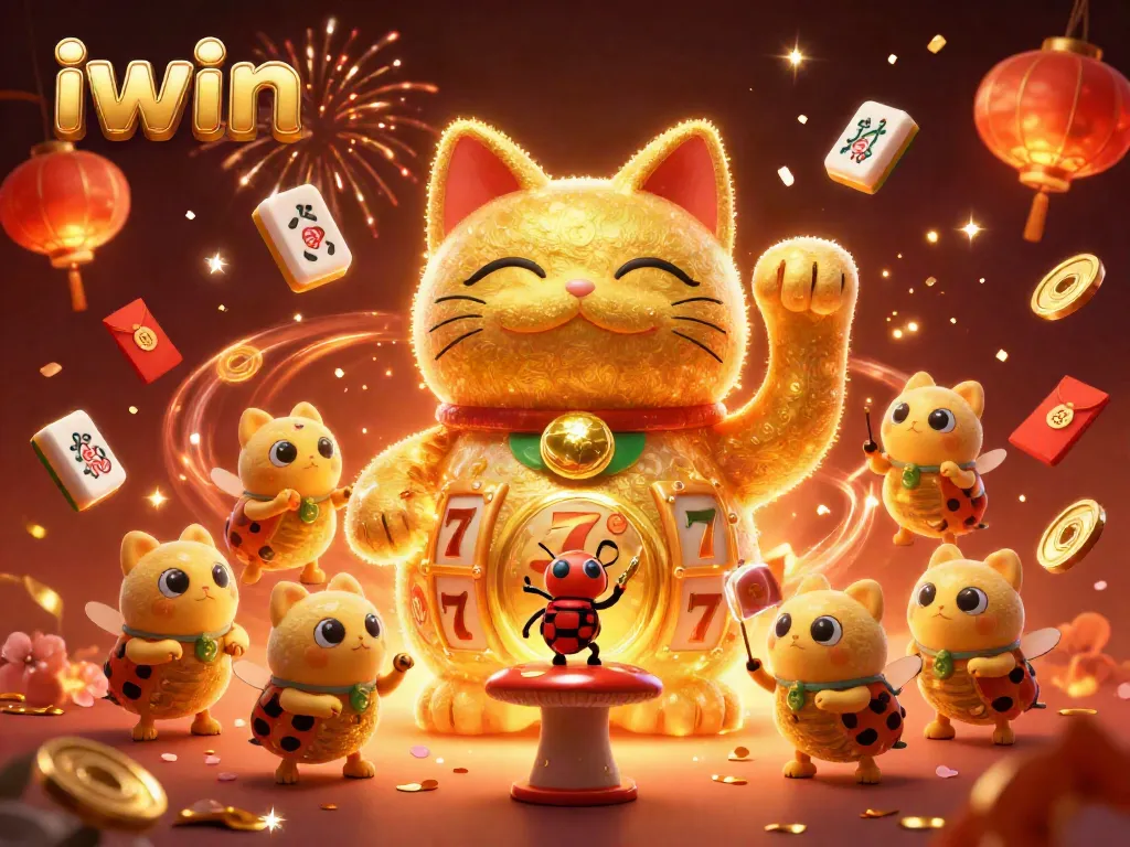 iwin's golden lucky cat glowing amidst casino treasures, captivating players with vibrant whimsy