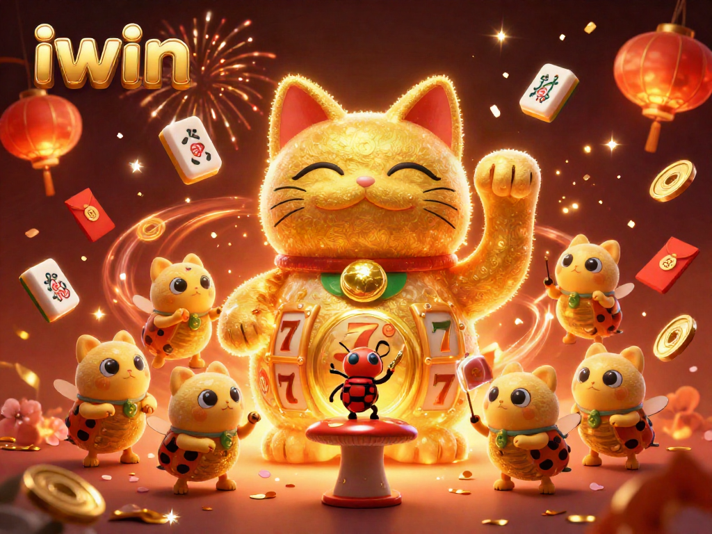iwin's golden lucky cat glowing amidst casino treasures, captivating players with vibrant whimsy