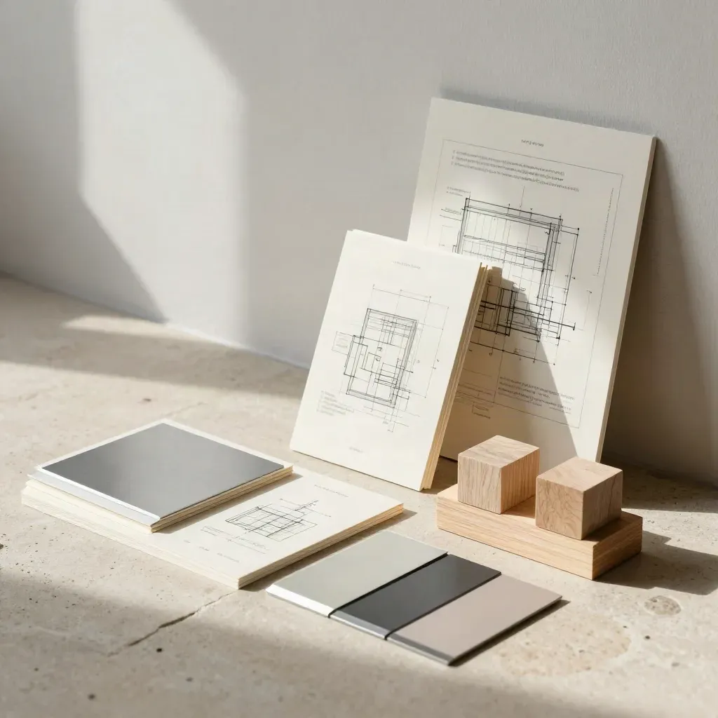 Strategiekarten, Farbmuster und Holzmodelle in ruhiger Studioatmosphäre.